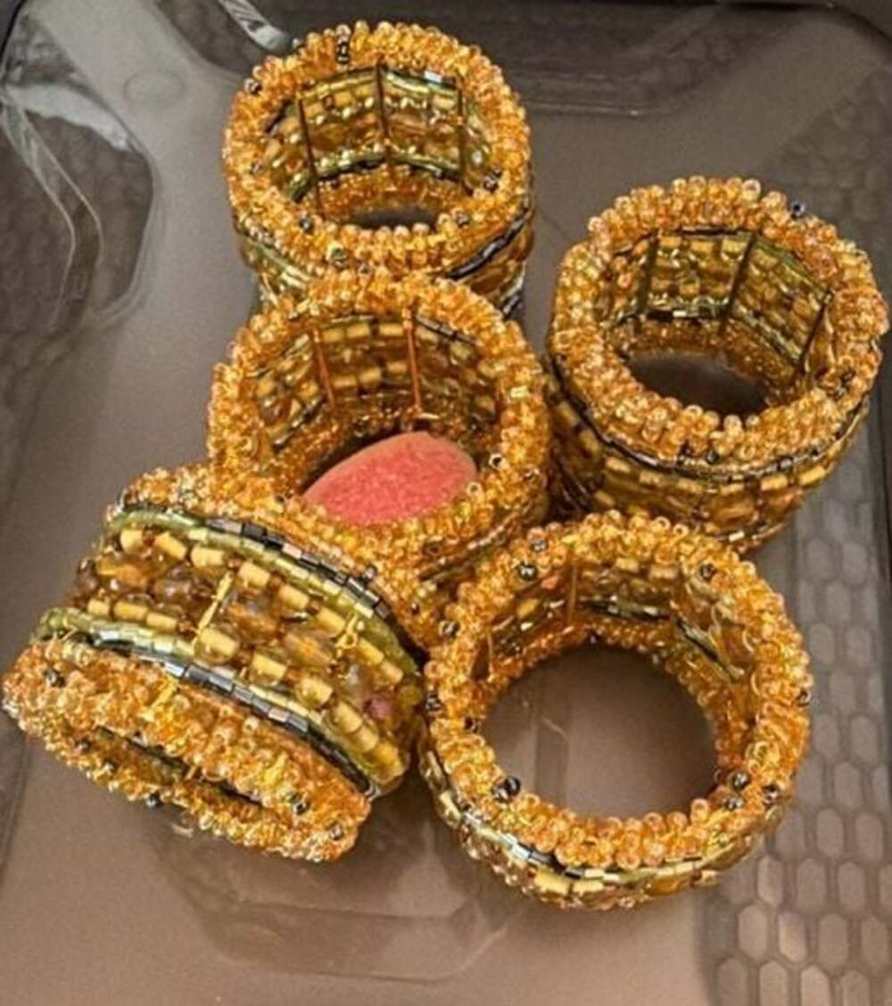 GOLD and Orange NAPKIN RINGS. Beaded Napkin Rings. From the 70's.
